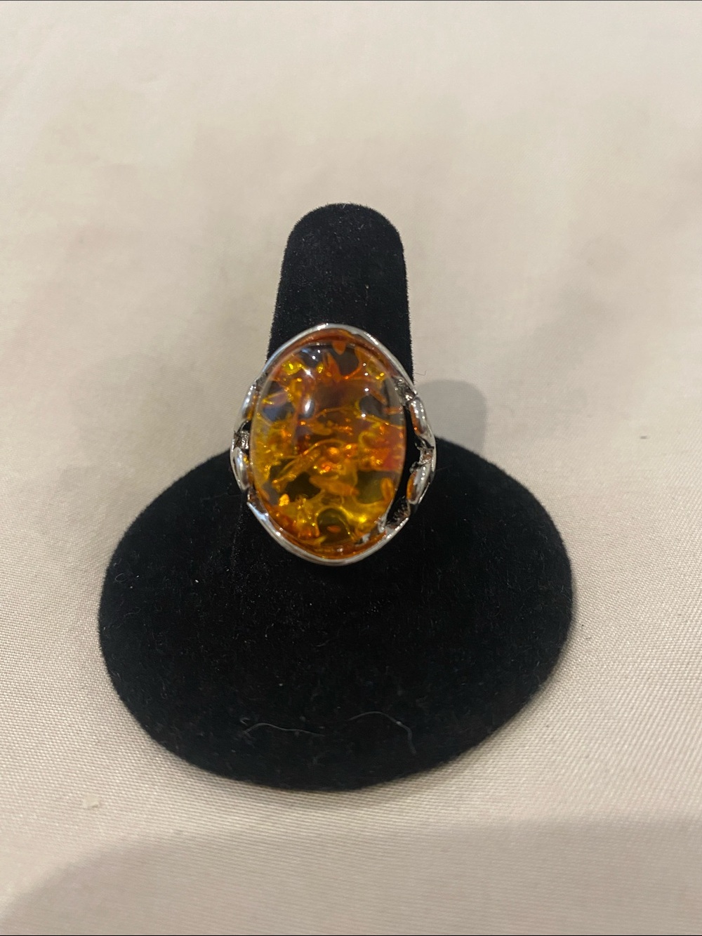 Oval Amber Statement Ring in Yellow with Silver Setting. Size 10